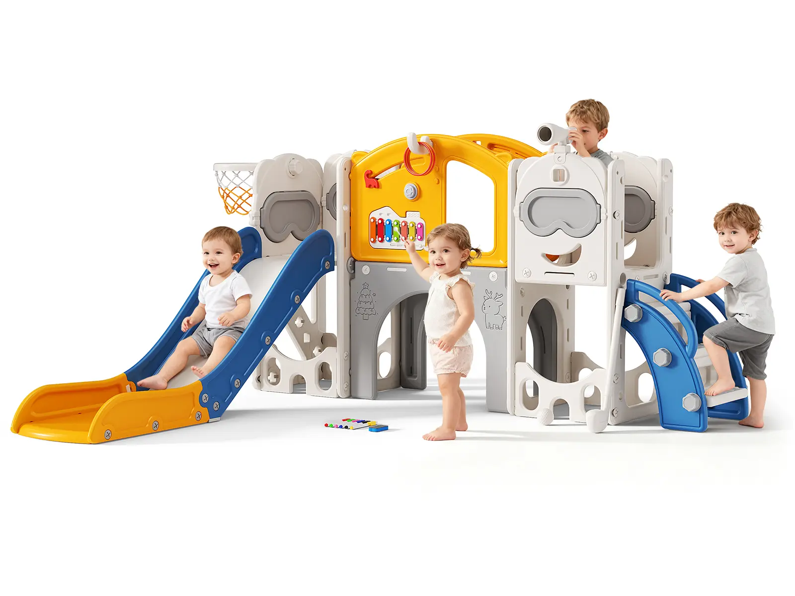 Toddler Slide, 11 in 1 Toddlers Playset New Upgrade with Kids Slide, Drawing Board, Golf Set, Basketball Hoop and Storage Space for Toddler Age 1-3, Backyard Playground Indoor and Outdoor (Yellow)