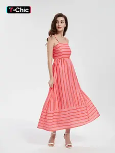 Women's Striped Print Cami Spaghetti Strap Sleeveless Dress, Fashion Casual Long Dress for Daily Outdoor Wear, Ladies Dress for Summer, Casual Basic Fashion, Casual Chic Dress