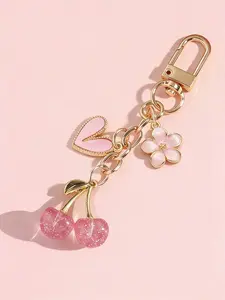 Ligui Elegant Cherry Heart Keychain for Women, Sparkling Cherry Key Ring, Fashion Bag Charm, Casual Style, No Choking Risk, Trendy Rhinestone Keychain