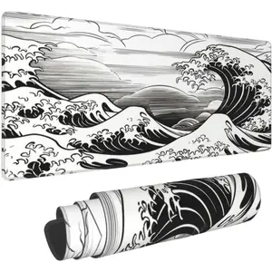 Japanese Wave Black and White Gaming Mouse Pad XL, Large Non Slip Rubber Mousepad, Stitched Edges Mouse Pads, Long Extended Mouse Pad,24'' X 14''