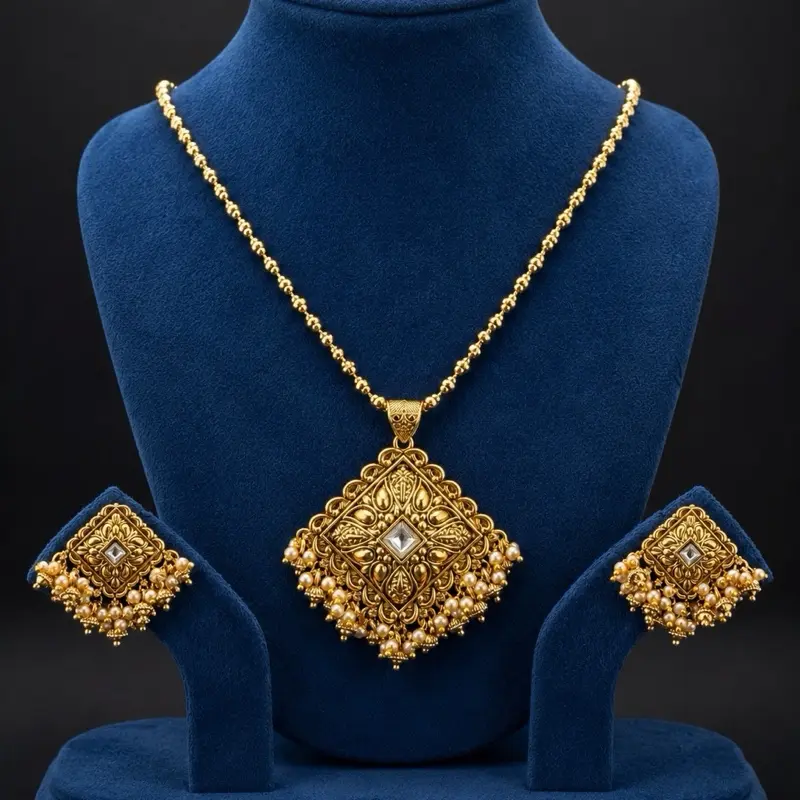 Antique Gold Pendant Set with Matching Earrings | Vintage Inspired Indian Jewelry | Heritage Style Statement Jewelry