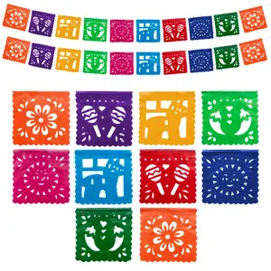 Mini Mexican Party Banners (5 Pack with 10 Small Plastic Flags per Banner) - Mexican Themed Party Decorations - Papel Picado Mexicano para Fiesta - Mexican Fiesta Party Decorations
