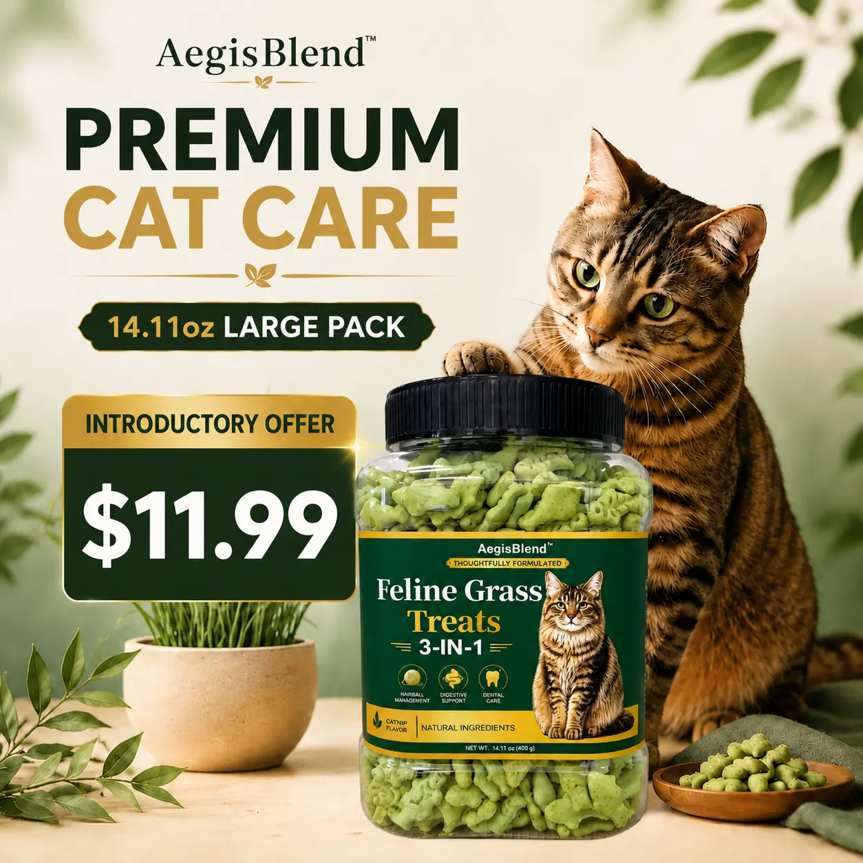 3-in-1 Functional Cat Crunchy Biscuit Treats - New Launch Limited-Time, Hairball Relief, Digestive Support, Dental Care - Probiotics, Catnip Flavor, 400g Large Size for Indoor Multi-Cat Homes Daily Wellness Snack