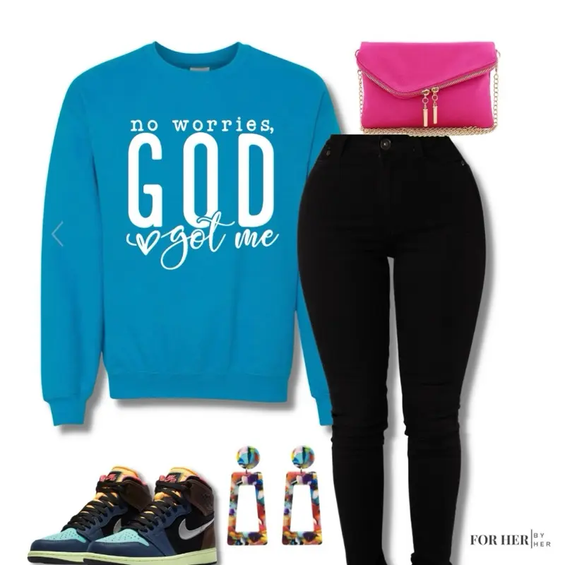 Crewneck Sweatshirt for Women - 'No Worries God Got Me' Cute Graphic Top, Baggy Long Sleeve Plush Casual Style Pullover, Oversize, Loose Fit, Comfy Ootd, Plush Fabric, True Size, Low Fade Ink, Long Length, Faith Message, Bold Print, Love, Everyday, Camo,,