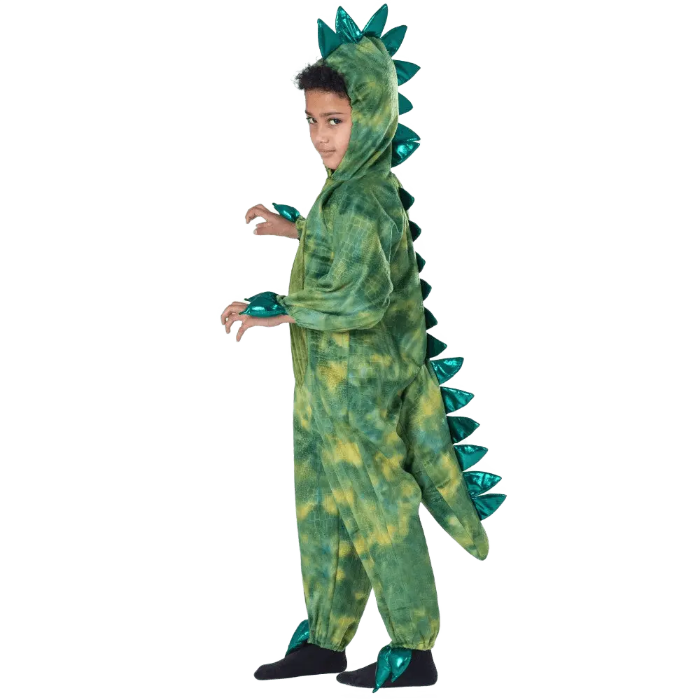 T-Rex Costume Dress for Kids - Green Scaly Jumpsuit with Attached Hood & Tail - For Halloween, Christmas, Role Play , Pretend Play Fun, Theme Party & Cosplay Costume Party