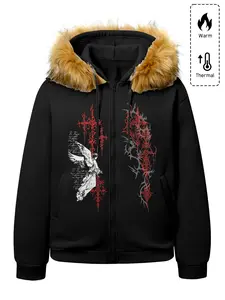 Men's Faux Fur Hooded Zipper Jacket, Gothic Angel Cross Print, Street Fashion Windbreaker, Warm Stylish Design, Fall & Winter Wear