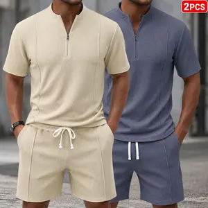 Men’s two-piece waffle athletic set with half zip: short-sleeve top and drawstring shorts; suitable for home, streetwear, vacations, and everyday casual wear. Clothes Fabric Knit Matching Menswear Breathable Elastic T-Shirt Tropical