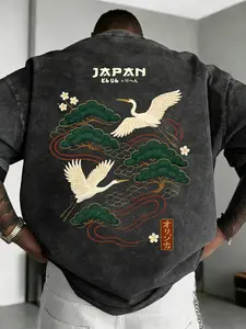 Tikmen Men's Round Neck Cotton Crane Print Short Sleeve T-Shirt, Casual Summer Wear, Breathable Cotton Fabric, Comfortable Daily Activity Tee