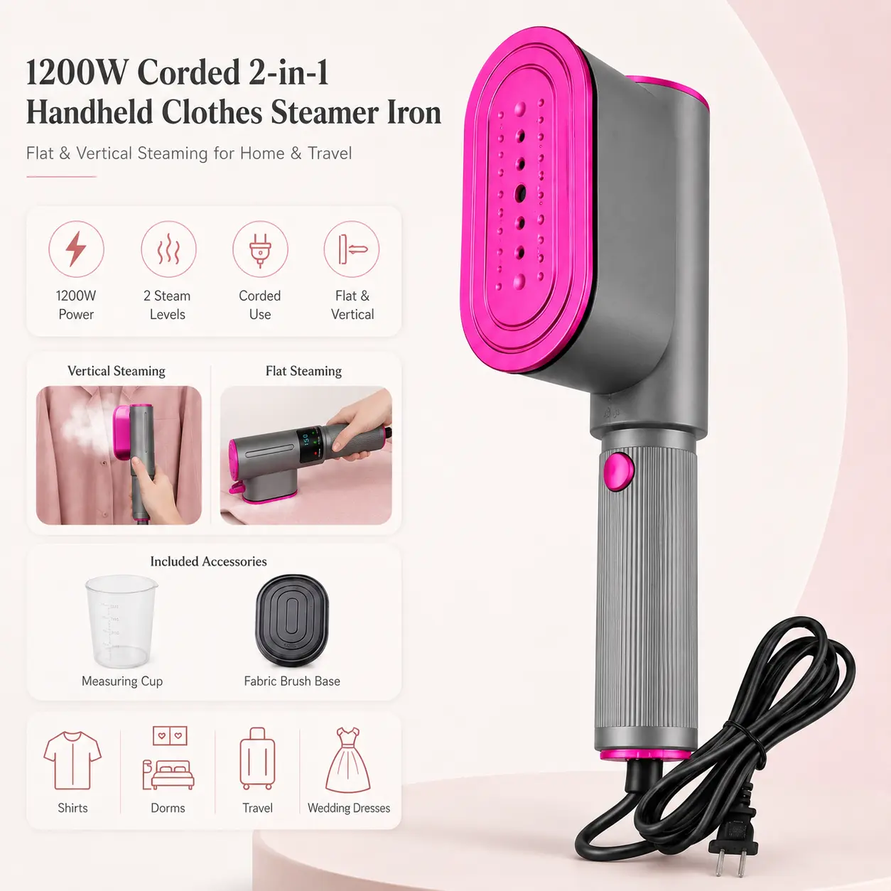 1200W Corded 2-in-1 Handheld Portable Clothes Steamer Iron - 2 Steam Levels, Flat & Vertical Steaming, for Shirts, Travel (Home & Travel Household Clothes Steamer Appliance)