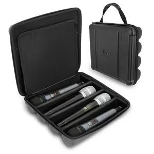 Compact Durable Wireless Microphone Case for Four Mics Up to 10.75" Portable Hard Shell Protection with Lid Storage & Rubber Handle
