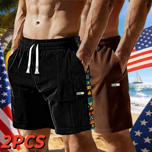 American Vintage Corduroy Capri Shorts Set - Black & Brown Geometric Prints, Drawstring Waist, Skin-friendly, Wear-resistant, Breathable, Wrinkle-resistant, Trendy Design Men's Draping Sweatpants fathersdaygift