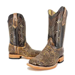 Men's Bulldog Hand Tooled Boots- Aztec Calendar Rustic