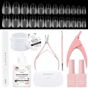 Makartt Nail Glue and Nail Tips kit, Solid Nail Glue Gel 15ML with Almond & Coffin Pre-buffed Gel Fake Nails Portable UV Nail Lamp and Gel Base and Top Coat with Nail File for Nail Art DIY Manicure