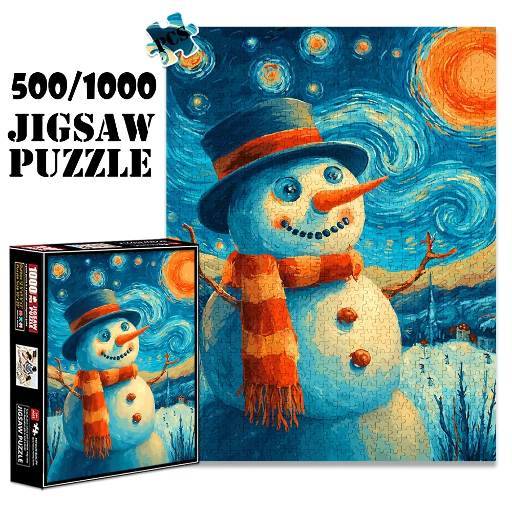 1pc 1000 piece adult puzzle 70x50cm Starry - Night Inspired Snowman with Scarf and Hat 500 pieces paper jigsaw puzzle suitable for DIY creative games for adults and families, birthday and holiday