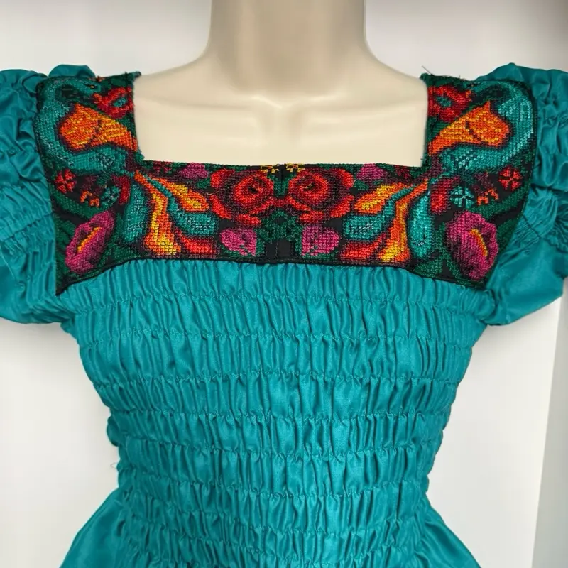 Women's Feminine Jade Green Lightweight Blouse with Elastic Details and Floral Embroidery, Womenswear Top Shirt