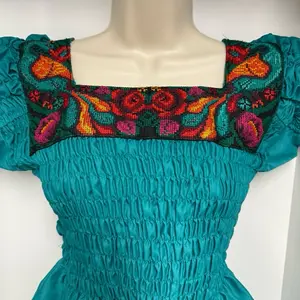 Women's Feminine Jade Green Lightweight Blouse with Elastic Details and Floral Embroidery, Womenswear Top Shirt