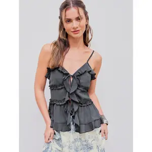 Cider [size 0-26] V-neck Knotted Lettuce Trim Solid Cami Top