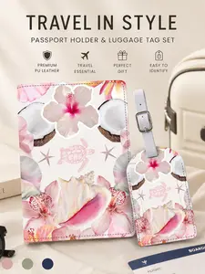 JIT 2Pc set tropical hibiscus flower coconut seashell sea turtle pattern Passport Holder luggage tag， lightweight PU material， suitable for travel bags， backpacks， gym bags， luggage ID， boarding p