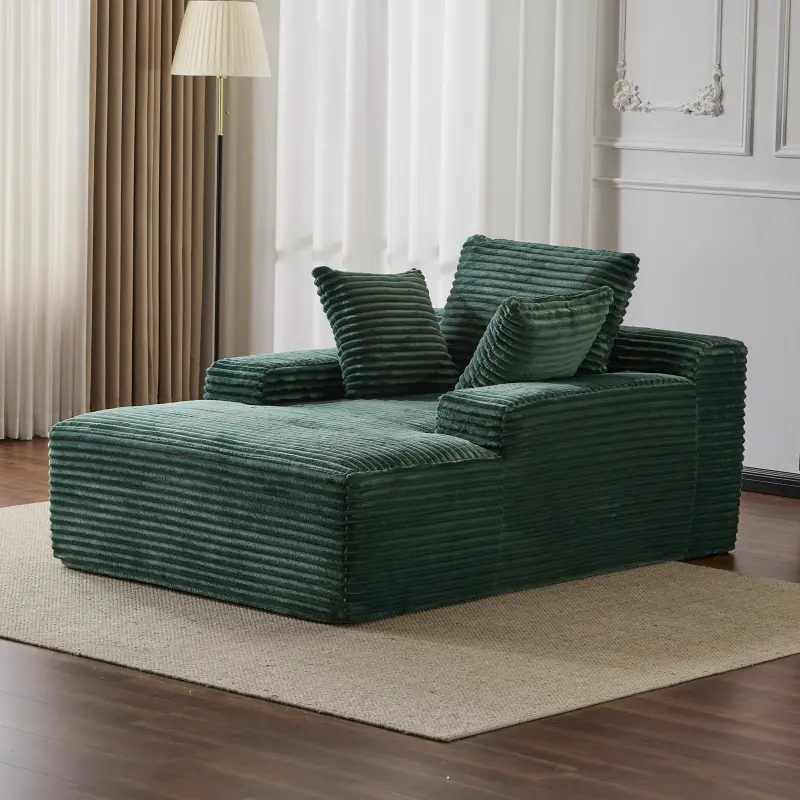 Green Oversized Chaise Lounge Chair - Plush Corduroy Upholstery Sleeper Daybed with 3 Throw Pillows, Wide Armrests, No-Assembly Required for Living Room