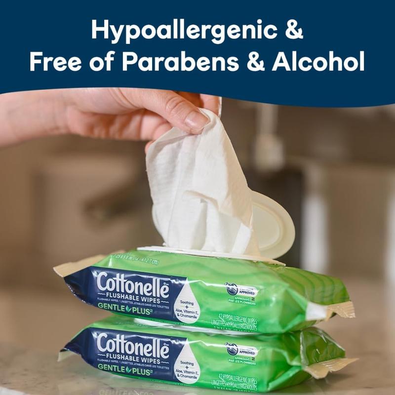 Cottonelle GentlePlus Flushable Wet Wipes, 8 Flip-Top Packs, 42 Wipes Per Pack