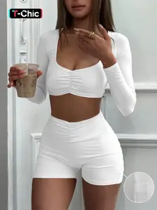 Two Piece Set, Stretchy Suit Set, Long Sleeve Crop Top High Waist Shorts Workout Outfit Ruched Front Top Bodycon Stretchy Lounge Set Summer Fitness Set Y2K Inspired Outfit Slim Fit Shorts Athleisure Set, Yoga Gym Outfits Workout Sets Women