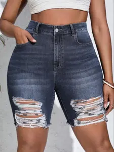 Women's Ripped Button Fly Denim Shorts, Frayed Denim Shorts, Fashion Casual Slim Denim Shorts for Daily Wear, Ladies Bottoms for Summer, Womenswear, Casual Fashionable Shorts, Casual Breathable Shorts, Casual Relaxed Shorts