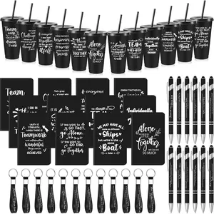 12 Sets / 48 count Team Appreciation Gifts for Employee, 24 oz Inspirational Plastic Cups Bulk with Lid and Straw Notebooks Ballpoint Pens  Set, Bulk Gifts for Coworkers (Black)