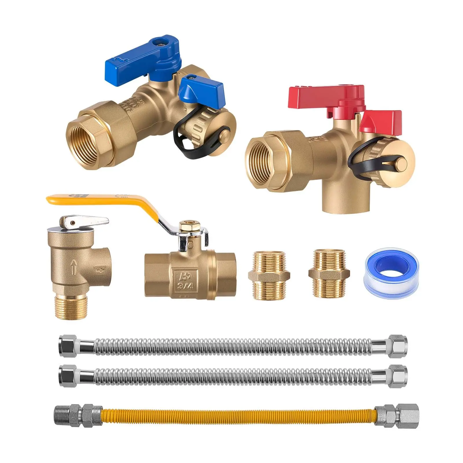 【Summerfinds】VEVOR Water Heater Kit, 3/4 Inch Cold & Hot Water Plumbing Repair Kit with 600 WOG Isolation Valves, Pressure Relief Valve, Ball Valve, Gas Hose, Compatible with Most Tankless Waters Heater Brands Parts Home