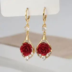 Rose Drop Earrings 14K Gold Plated Sparkling Crystal Tassel Design, Chic Elegant Fashion Jewelry Water Drop Earrings for Women