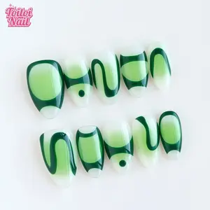 Green Swirl Handmade Press-On Nails | Short Almond Shape, 10pcs | Fresh Green Swirl Design | Sheer White Base & Green Grape Gradient & Dark Green Curve Texture & High Gloss Accents | Reusable DIY Nail Kit for Women | Trendy Nails for Spring, Summer, Dates