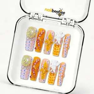 Baroque Cherry Orange Mid-Square Press-On Nails, Handmade French Tip Nails, Reusable Acrylic Nails with 3D Flower & Rhinestone