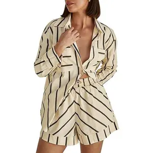 Tankaneo Womens Striped 2 Piece Outfits Button Down Shirts and Shorts Lounge Matching Sets