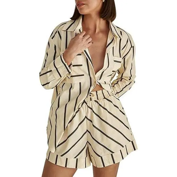 Tankaneo Womens Striped 2 Piece Outfits Button Down Shirts and Shorts Lounge Matching Sets