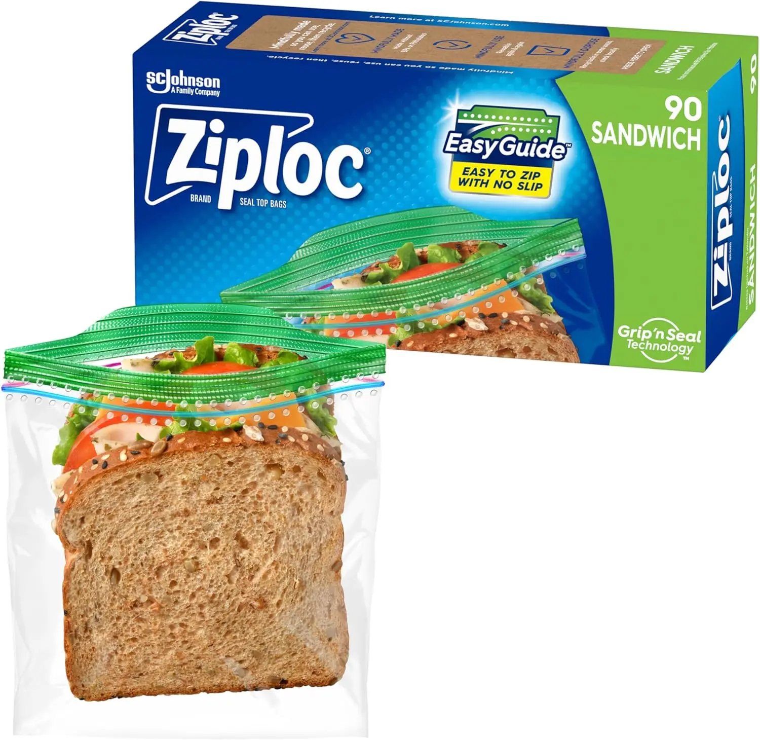 Ziploc Sandwich and Snack Bags, 90 Count with Grip 'n Seal Technology for Easier Grip, Open and Close, Ideal for On-the-Go Freshness
