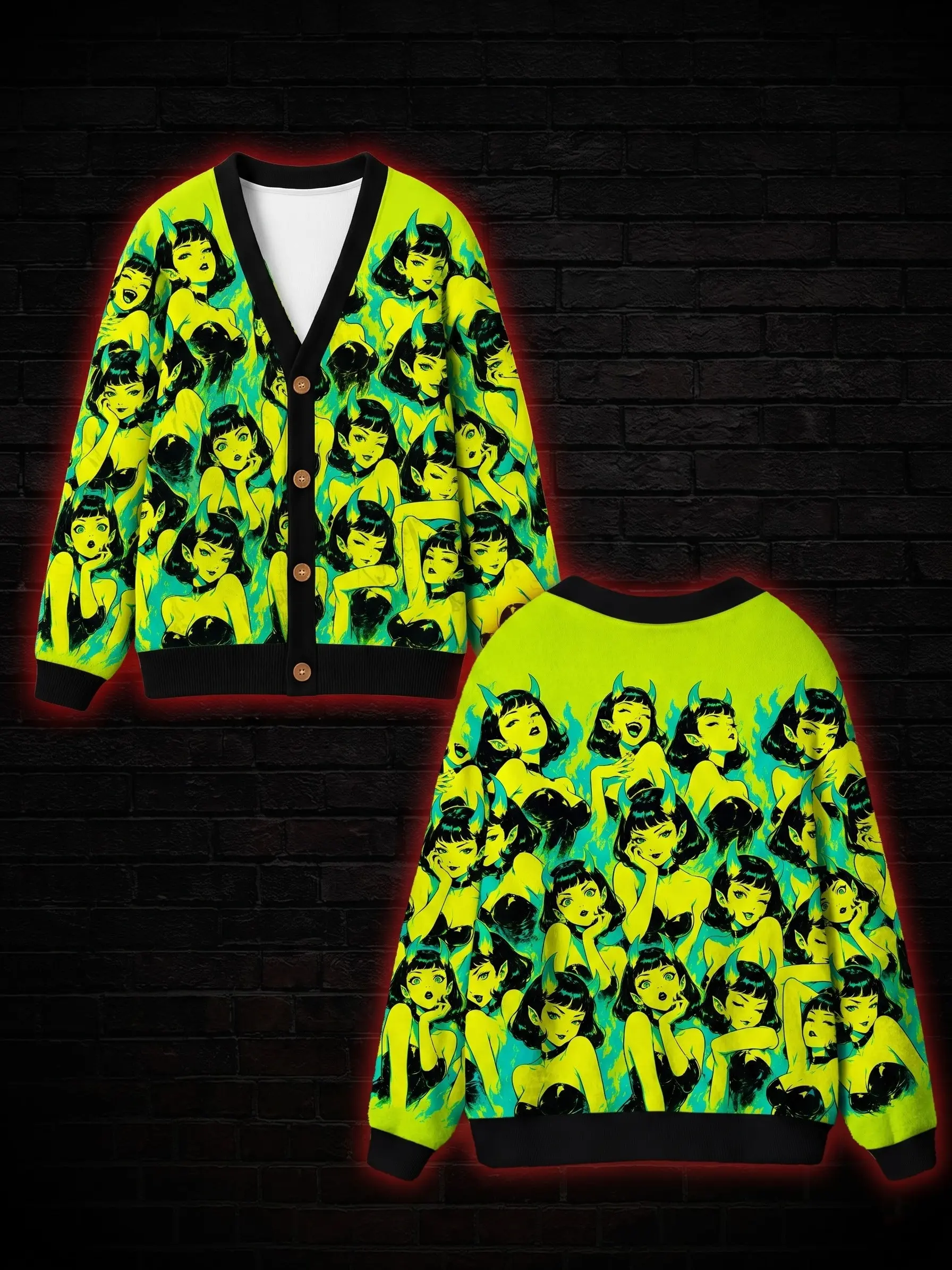 Neon Devil Pinup Cardigan Sweater, Lime Green Graphic Button Up Sweater, Anime-Inspired Alternative Streetwear, Y2K Goth Top