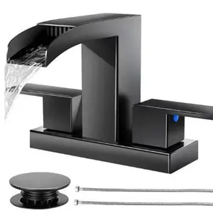 Waterfall Bathroom Faucets 3 Hole, Matte Black Bathroom Sink Faucet Square 4 Inch Centerset with Pop-Up Drain, 2 Handle and 2 Supply Hoses, Lead-Free Stainless Steel for Vanity Sink, Double Handle Faucet