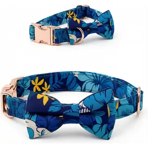 Small Dog Collar with Detachable Bow Tie, Ultra-Lightweight Secure Buckle Puppy Collar, Soft Pure Cotton Neckband for Small Dogs & Cats, Classic Winter Patterns (Small), Serpent Blue