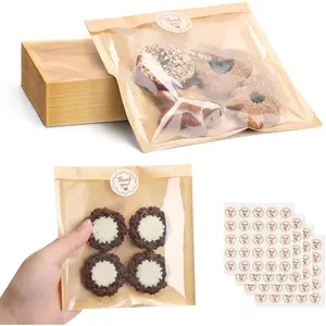 100 Pack Cookie Packaging Bags With Seal Stickers,7.1x7.5 Inch -Grade Bakery Bags With Window, Heat Sealable Paper Cookie Sleeves for Homemade, Sandwich, Cookies, Cakes, Brown, Donut