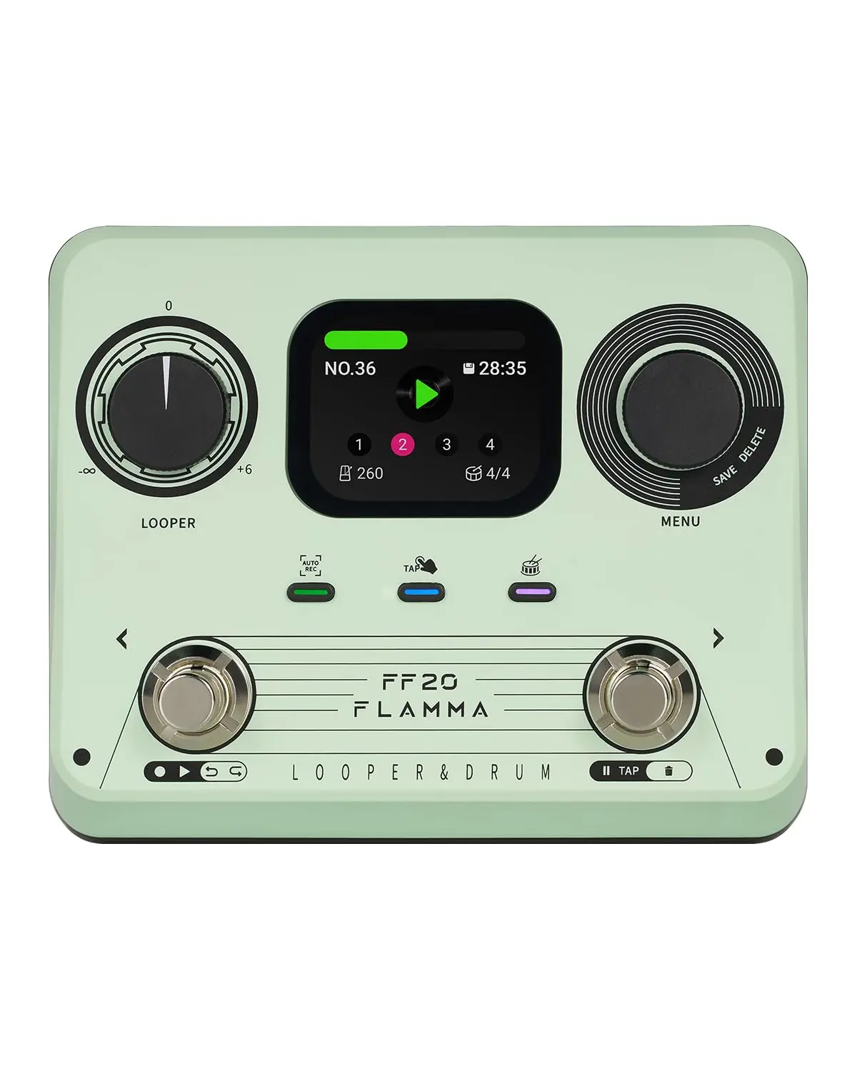 FLAMMA FF20 Looper Pedal Drum Machine, Drum Looper Guitar Pedal with Screen, 300 Min Recording, 220 Drum Grooves, 100 Loop Slots, Time Stretch, Auto Record, USB & Headphone Out, for Guitar and Bass