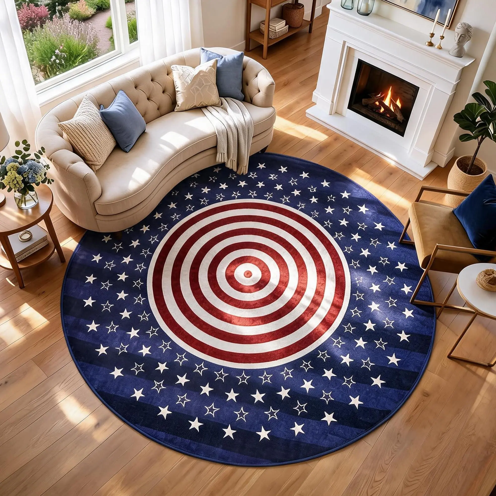 6ft Round American Flag Area Rug, Machine Washable USA Patriotic Carpet, Non-Slip Circular Floor Mat for Living Room, Bedroom, Dining Table, Office, Home Decor, Blue Red Bullseye