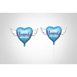 Happy Heavenly Birthday Memorial Balloon Set – Blue Purple Script 17" & 8" Balloon on a Stick Angel Wings
