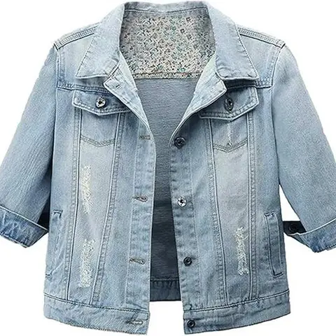 Songling Women's Retro Fitted Cropped Jean Jacket - Casual 3/4 Sleeve Distressed Button-Front Coat, Stiff Non-Stretch Raw Cotton Denim Fabric, Ripped, Work & Back to School Outfits