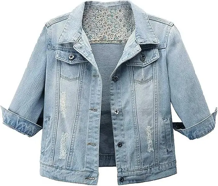 Songling Women's 3/4 Sleeve Fitted Ripped Retro Cropped Denim Jacket, Casual Raw Denim Coat with Natural Stiff Non-Stretch Fabric