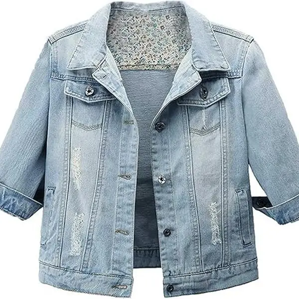 Songling Women's Retro Fitted Cropped Jean Jacket - Casual 3/4 Sleeve Distressed Button-Front Coat, Stiff Non-Stretch Raw Cotton Denim Fabric, Ripped, Work & Back to School Outfits,sohochic