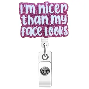 Sassy Sparkly Design, "I'm Nicer Than My Face Looks" Funny Quote, Retractable Badge Reel, ID Badge Holder, ID Card Holder, Badge Accessories, ID Badge Holders Retractable, Badge Reels Retractable, Perfect for Any Worker
