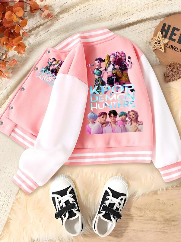 Girls' Kpop Demon Boy & Hunter Girl Group Print Baseball Jacket, Casual Cute Outerwear, Casual Sport School Uniform, Elastic Fabric, Fall Winter Halloween
