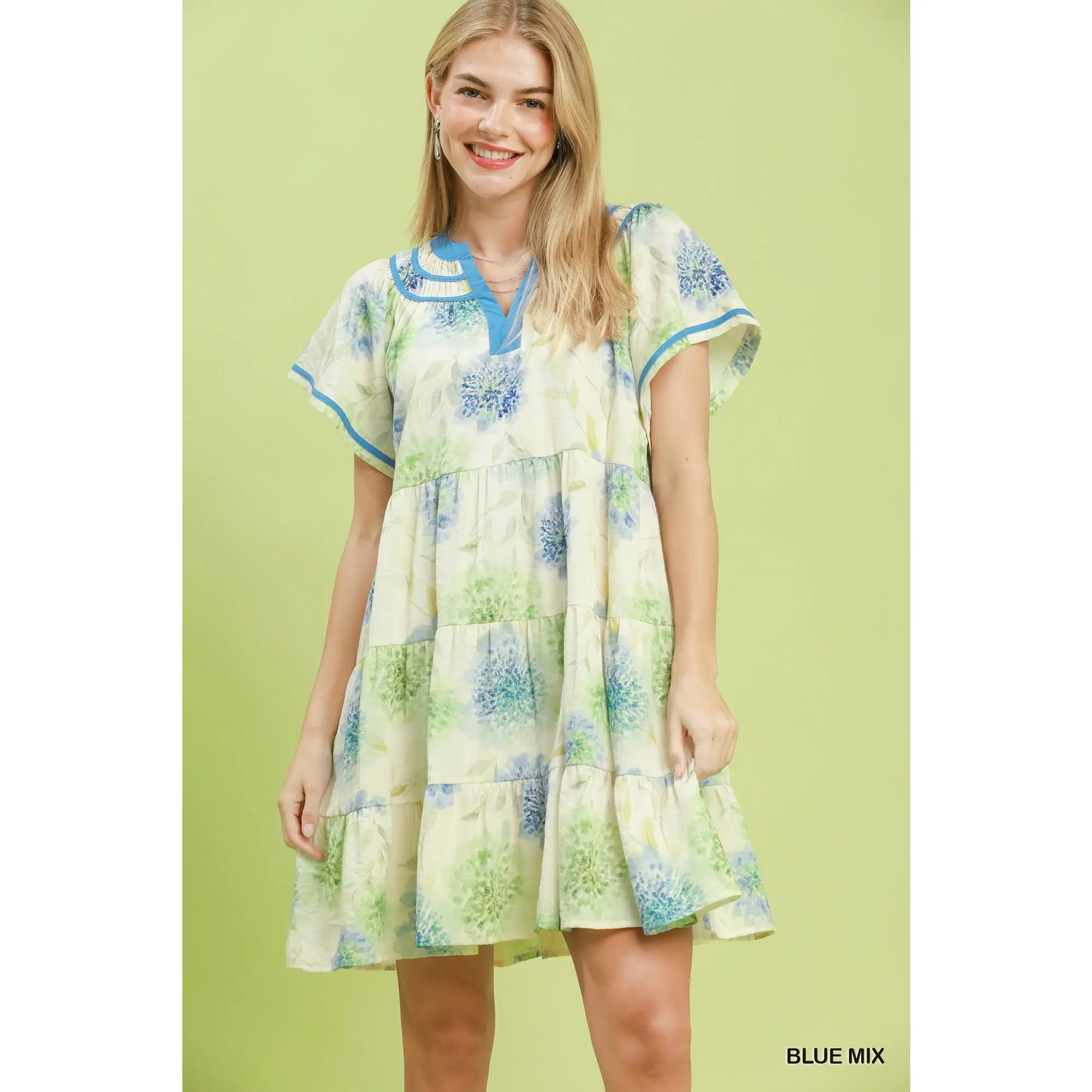 Umgee Floral Print Contrast Trim Tiered Babydoll Dress