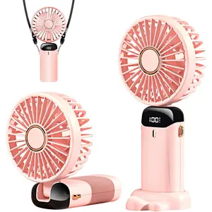 Portable Handheld Fan, Type-C Rechargeable, 4000mAh  Operated Fan with LED Display, 90? Foldable , 5 Speed Wind,Handheld//Desk 3 in 1 Personal Small Fan, Makeup Fan for Women (Pink)