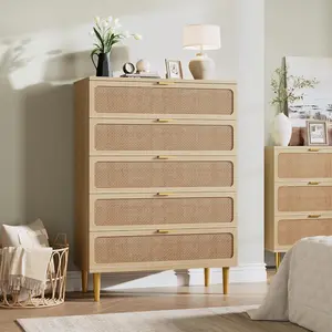 【Christmas Gift】Rattan 5 Drawer Dressers for Bedroom Tall Dresser with Deep Drawers Large Chest of Drawers for Closet with Wide Top Long Wooden Dresser for Living Room/Hallway/Kids Room -Natural