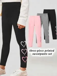 Trendy 3-Pack Gradient Heart Kids Leggings, High Waist Stretchy Trousers, Fitted All over Print, Sweet Casual Fashion for Girls, All Season Wear
